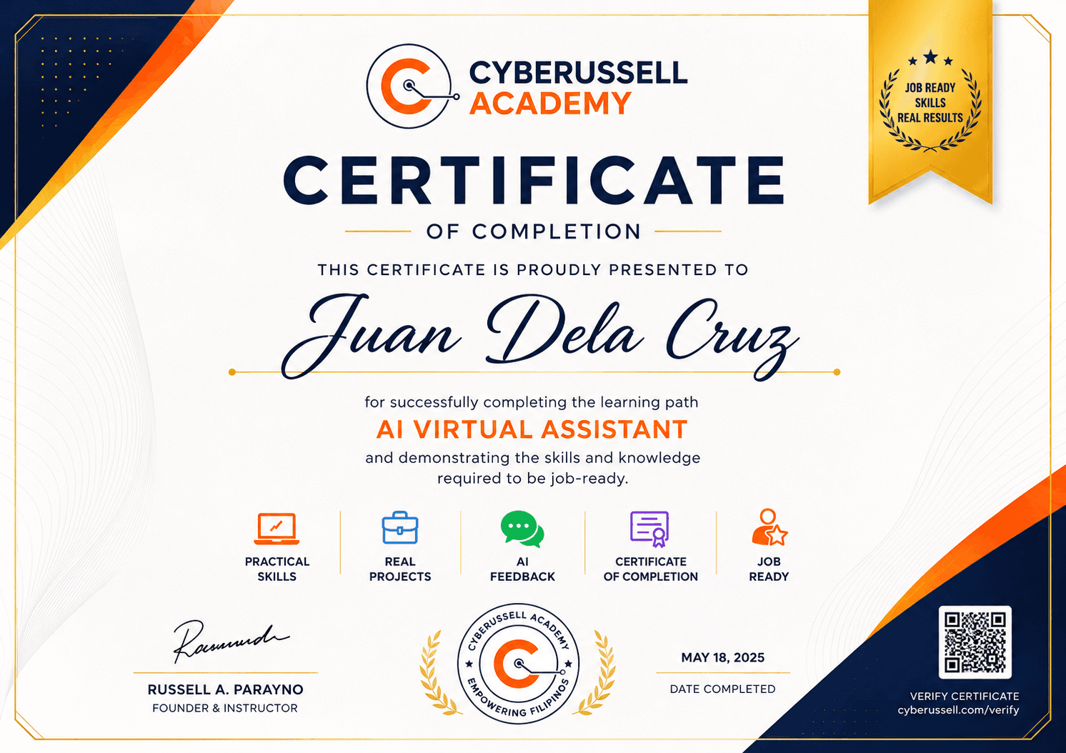 Sample Cyberussell Academy certificate of completion