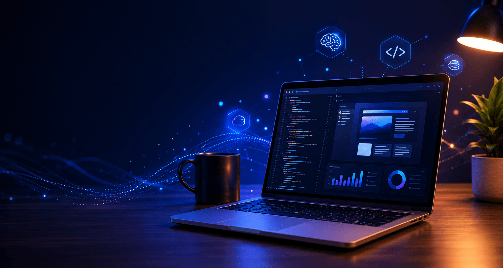 Laptop with AI, code, database, and cloud icons
